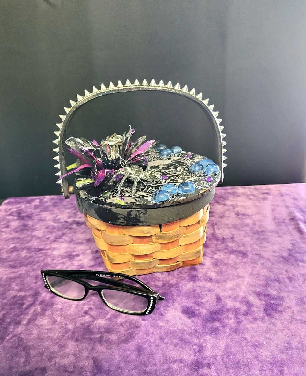 Wood Basket Covered with Black Skull Fabric, with a Purple & Black Flower, Blue Glass Cabochons & a Large Sparkley Spider