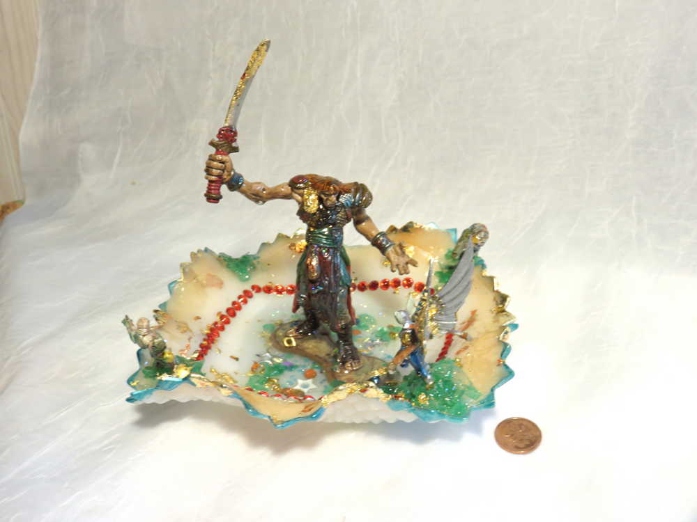 Sword Wielding Giant Mutant, and a Winged Princess, Battling it Out, in an Antique Glass Dish, Collectible