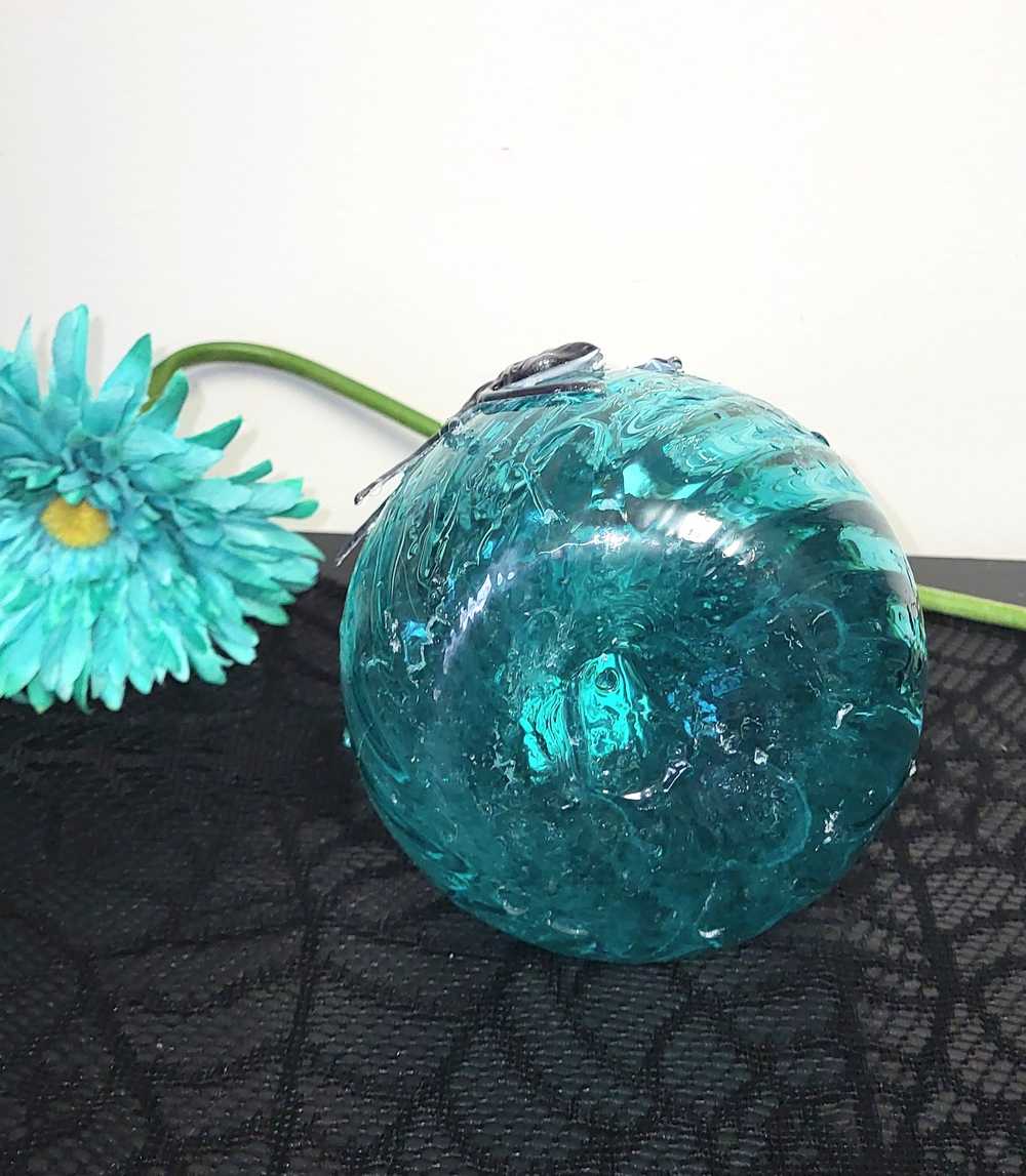 Intense Teal Glass Vase with Shining Silver Studs and a Textured 3D Spider