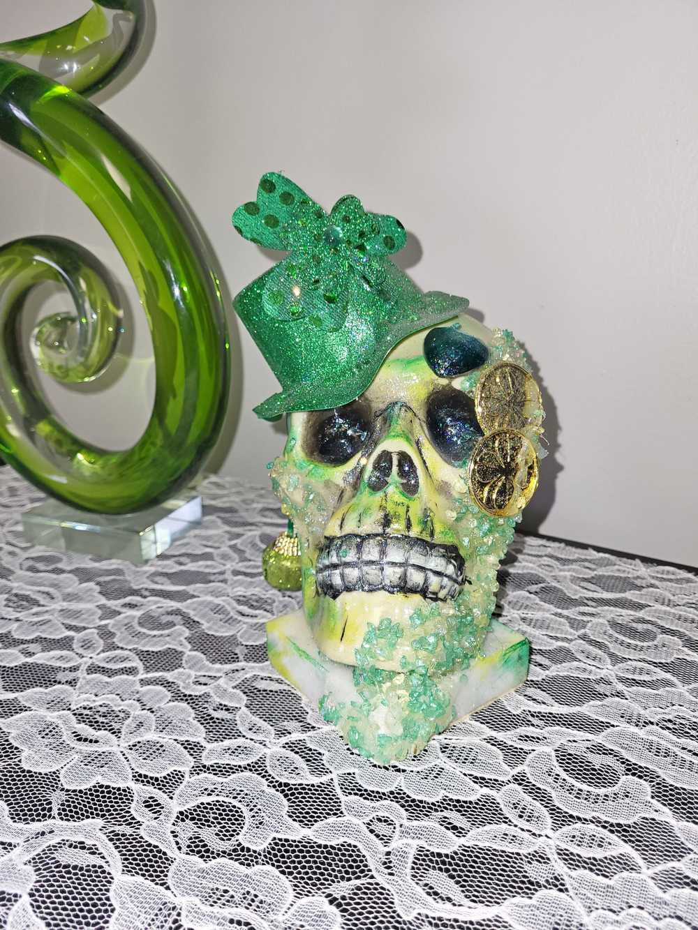 Handmade Resin St. Patrick's Day Skull with Top Hat, Shamrock, Bell & Gold Coins on a Marble Base