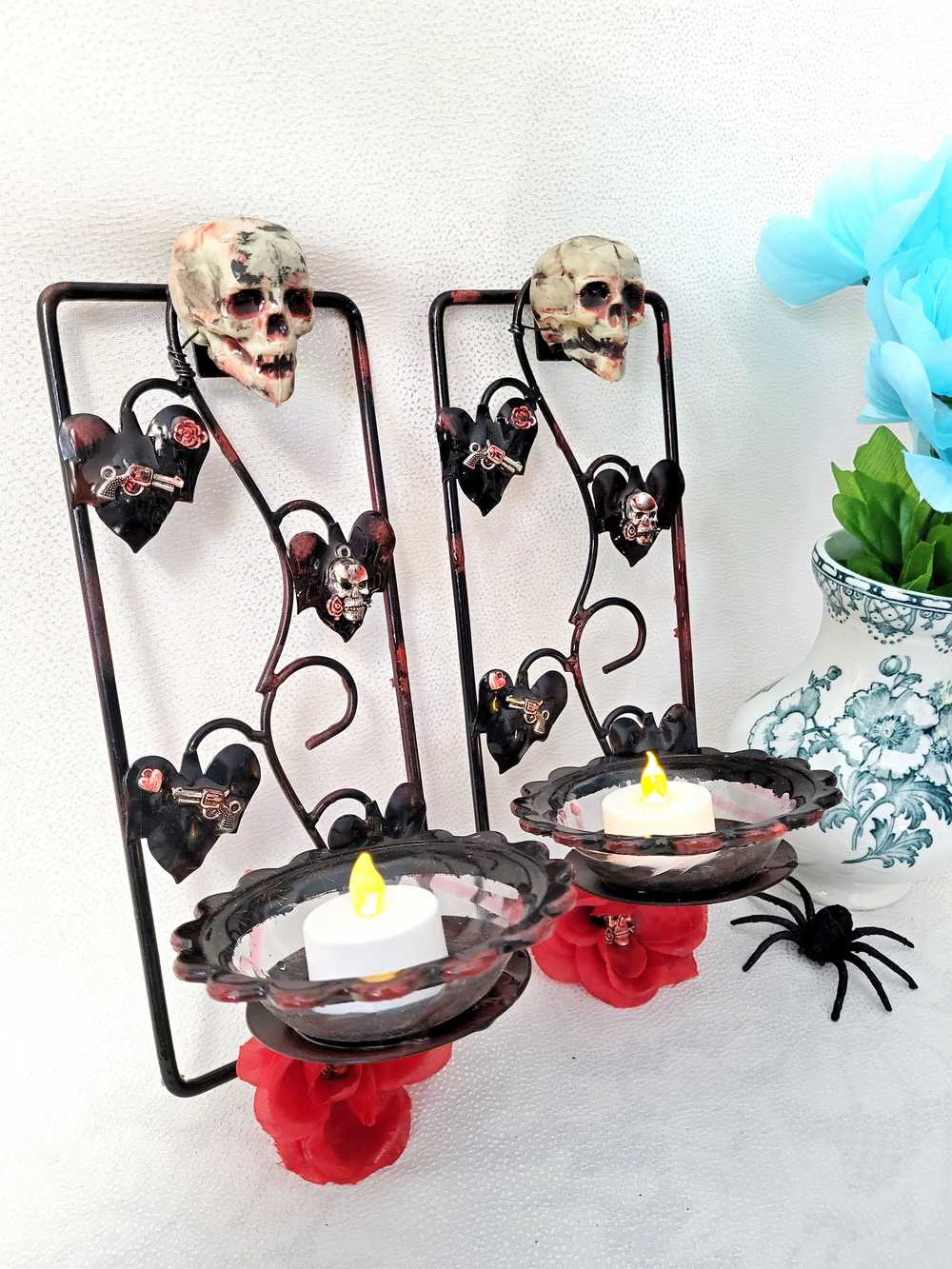 Wall Mounted Battery Candle Holder with Skulls & Red Roses, Glass Bowls Holds Two Battery Candles