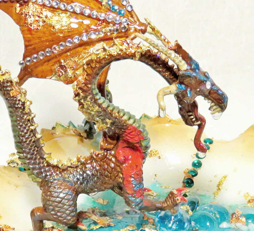 Fire-Breathing Dragon in Antique Glass Dish in a Fierce Fight for Survival