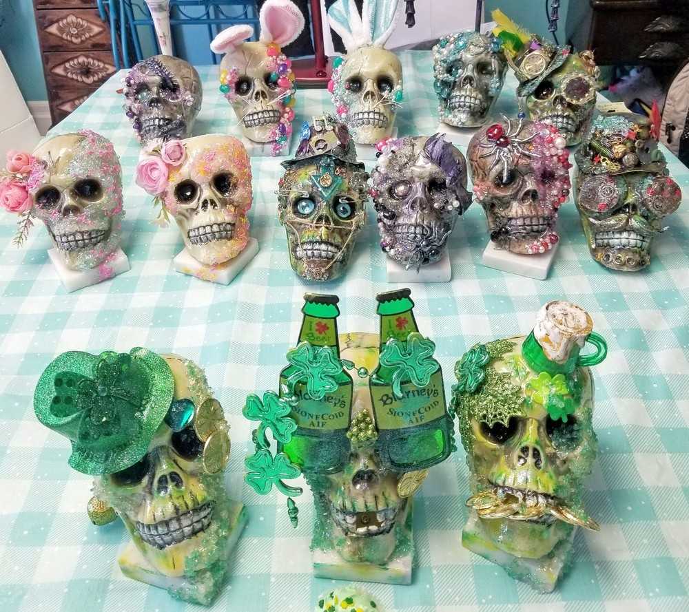 One of a Kind St. Patrick's Skull Decor, Green Beer Goggles, Missing Front Teeth and Shamrocks