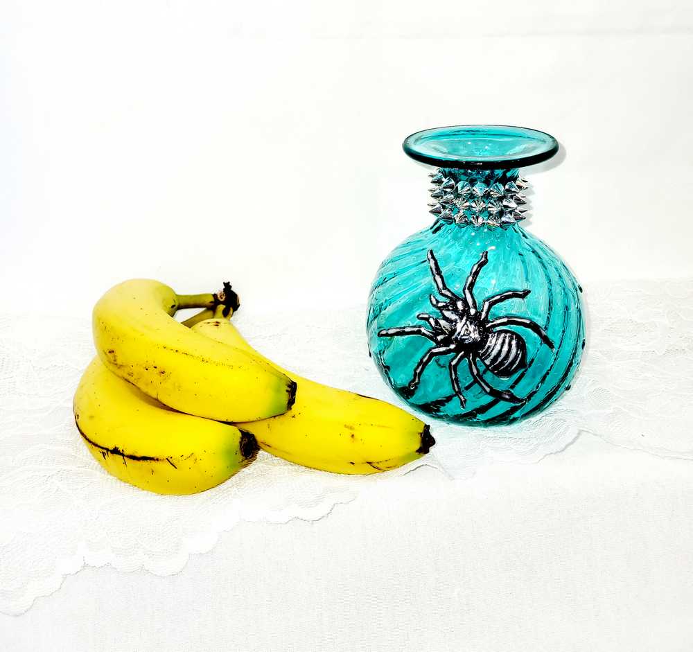 Intense Teal Glass Vase with Shining Silver Studs and a Textured 3D Spider