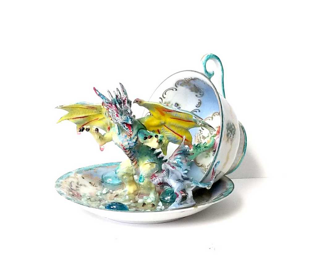 Fighting Dragons in a Vintage Teacup and Saucer Encased in Resin