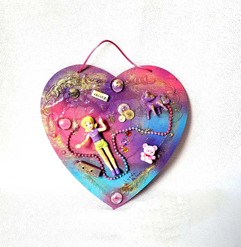 Pink & Blue Child's Art Work for Bedroom, Nursery, Playroom Wall Hanging, Wood Heart with Doll and Unicorn