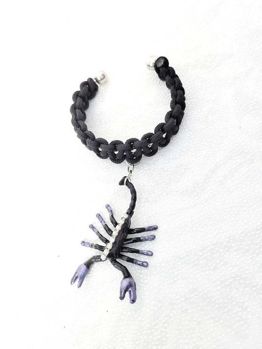 Creepy, Scary, Black Braided Open Bracelet with a Black  & Purple Gem Encrusted Scorpion for Halloween or Everyday Wear