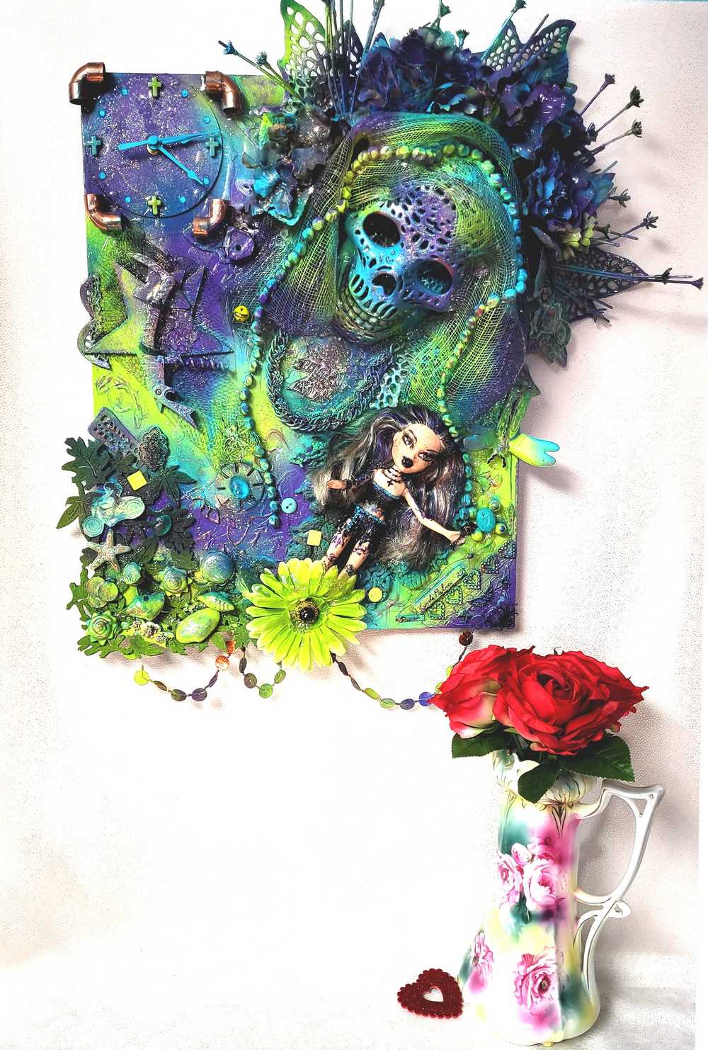 Skull Goddess and The Babe, in Purples & Blues, on 16L x 20W Mixed Media Canvas with Wall Clock