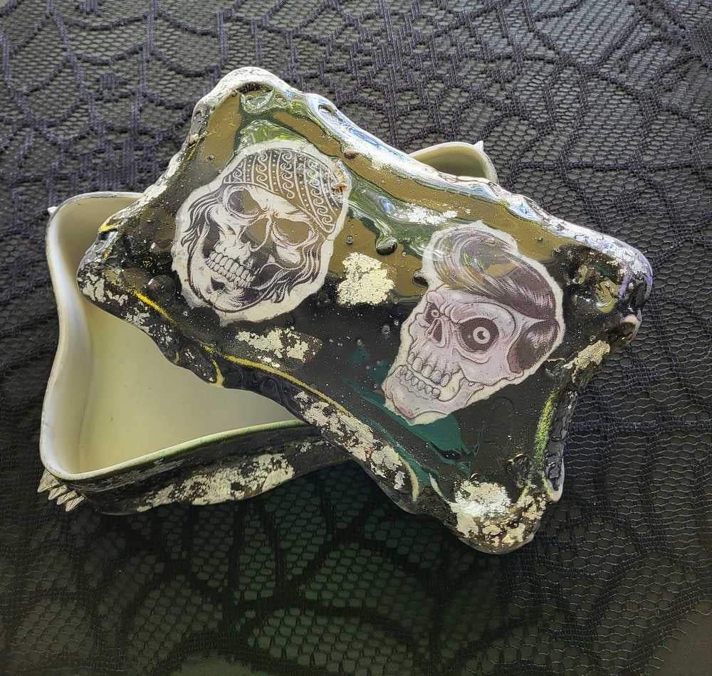 Black Painted Porcelain Trinket/Stash, Jewelry Box with Skull Faces and Silver Studded Domes