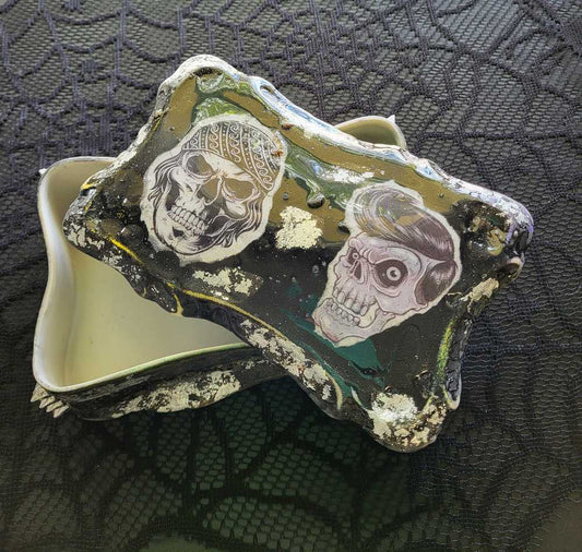 Black Painted Porcelain Trinket/Stash, Jewelry Box with Skull Faces and Silver Studded Domes
