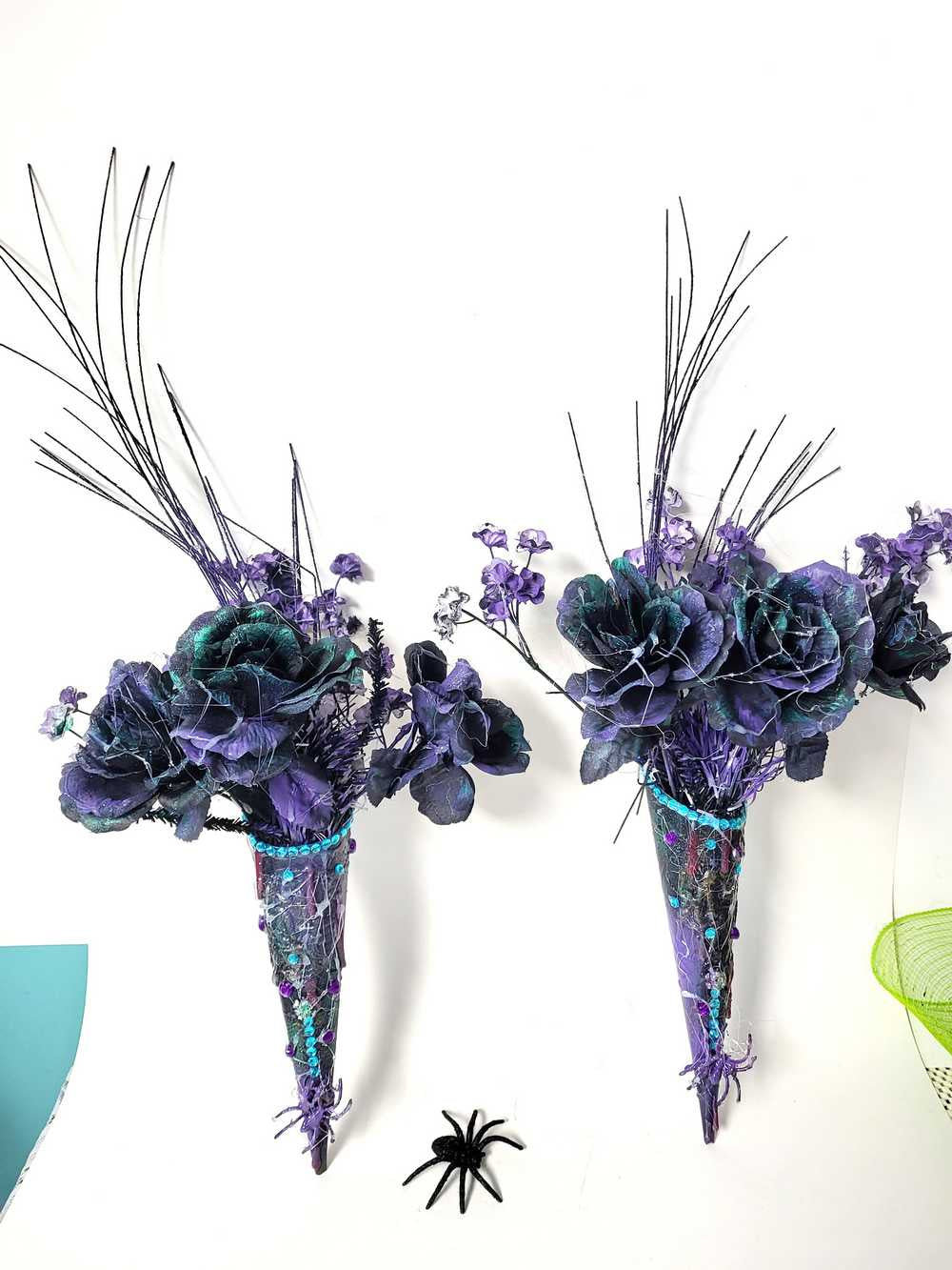 Goth Flower Arrangement, Black & Purple Roses in a Tin Match Cone, with Spiders & Skulls