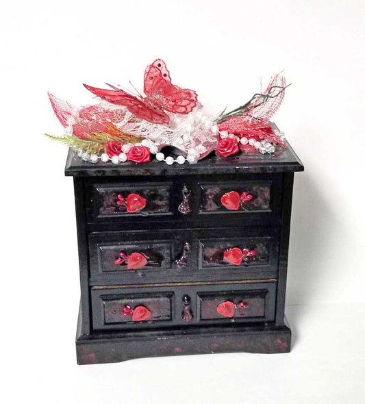 Black & Red 3 Drawer Ladies Jewlery Box with a Red Butterfly, Red & White Lace with Hearts on the Handles