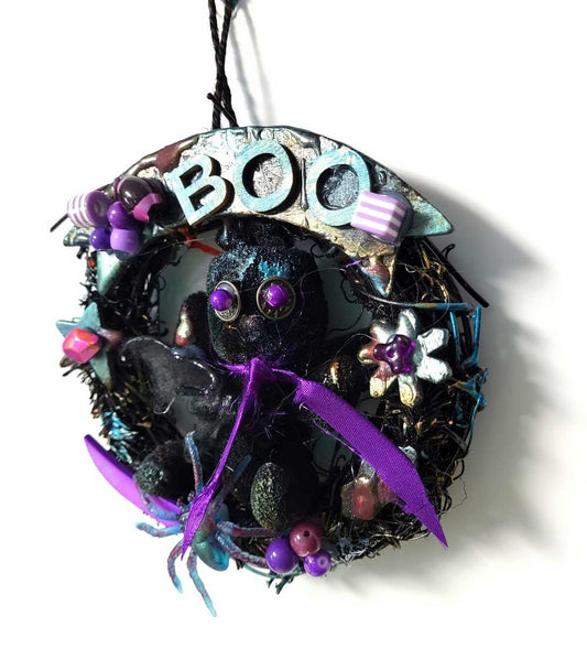 Black Mini Wreath with Black Snowman, Purple Spider, Beads & "BOO" Sign