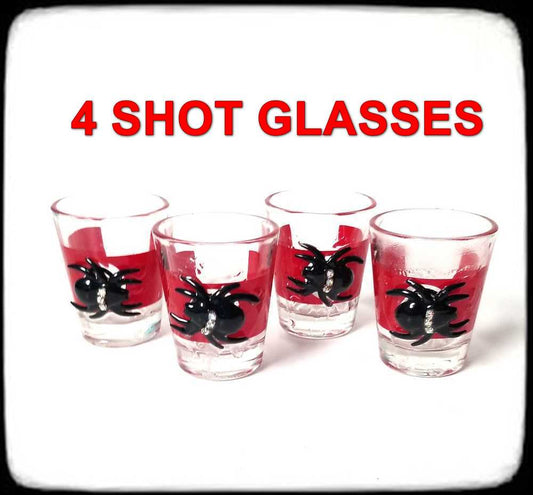 4 Shot Glasses in Red with Black Spiders with Rhinestones