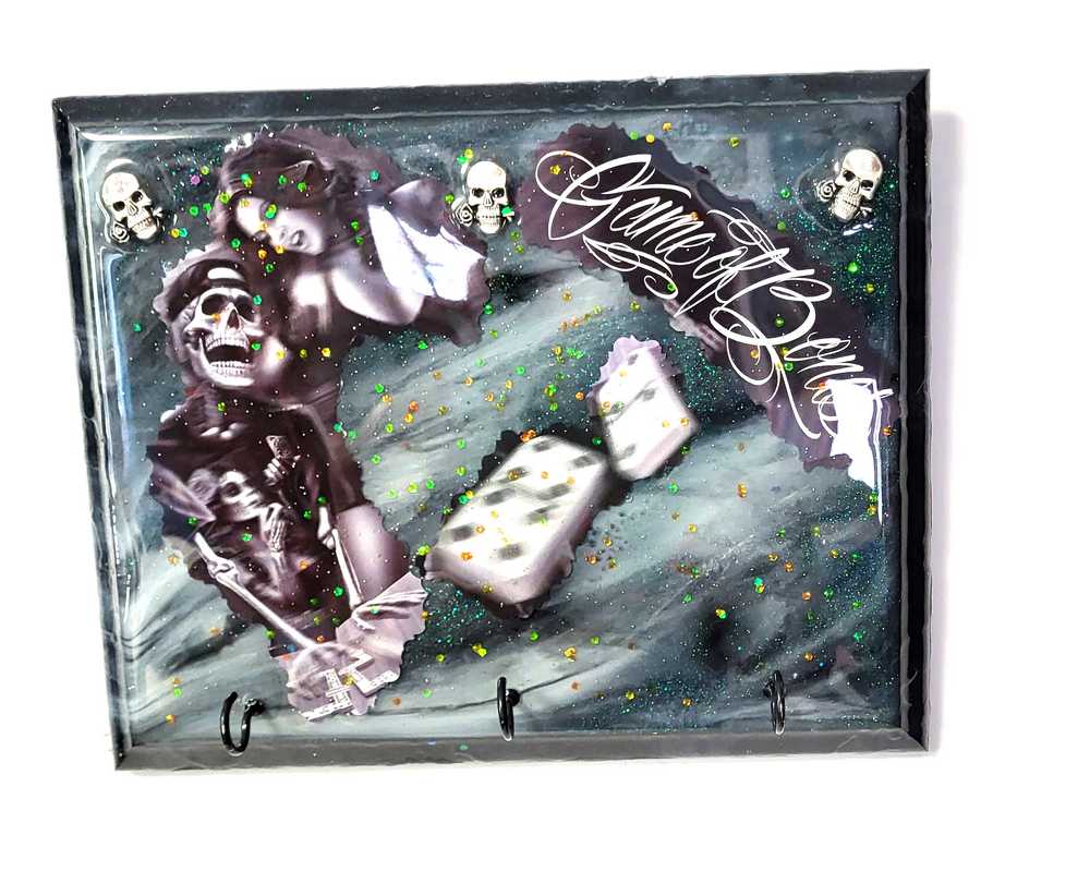 Sexy Girl With Cool Skull, Playing Dominoes on a Wall Plaque, Game of Bones, Goth Punk Decor