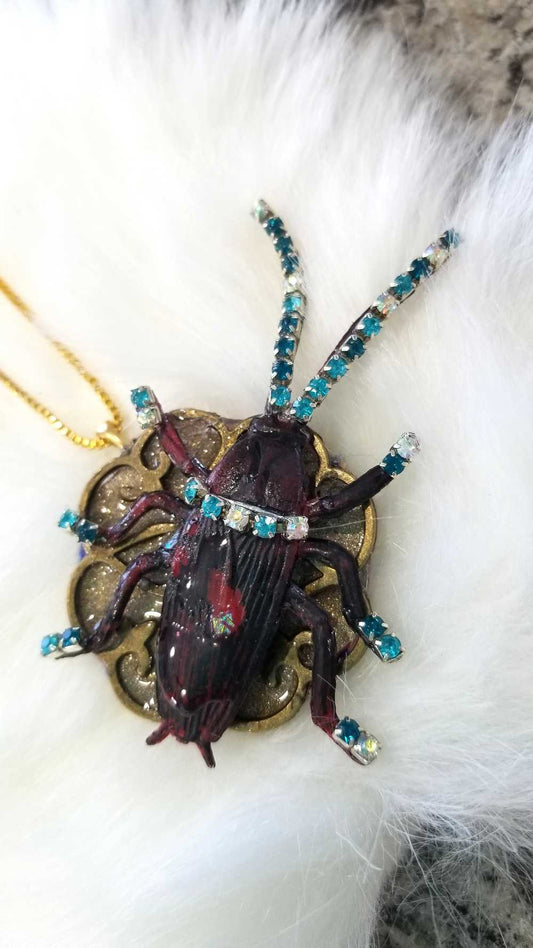 Beetle Bug Necklace for Halloween or Everyday Wear, Teal & Clear Rhinestones