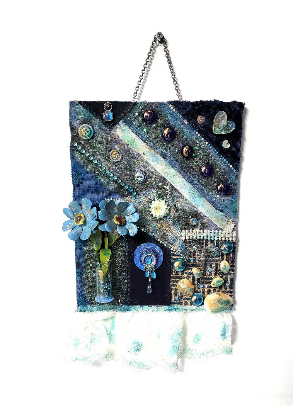 Multi Media Fabric Art Wall Piece in Shades of Blue, Collage, Decorative Wall Art