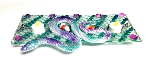 Teal & Purple Glass 4 Candle Holder with Resin Snake, Candy Dish