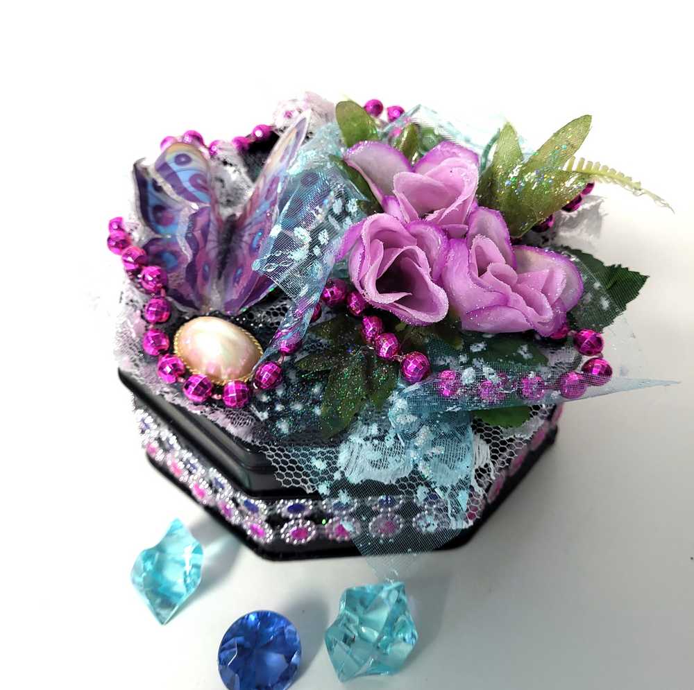 Black Tin Octagon Jewelry, Trinket, Stash Box with Snake Print, Roses and  A Butterfly