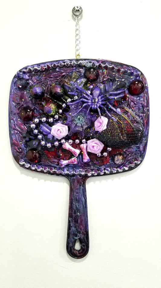 Black Hand Held Mirror with Bones, Roses, a Purple Spider and Her Web