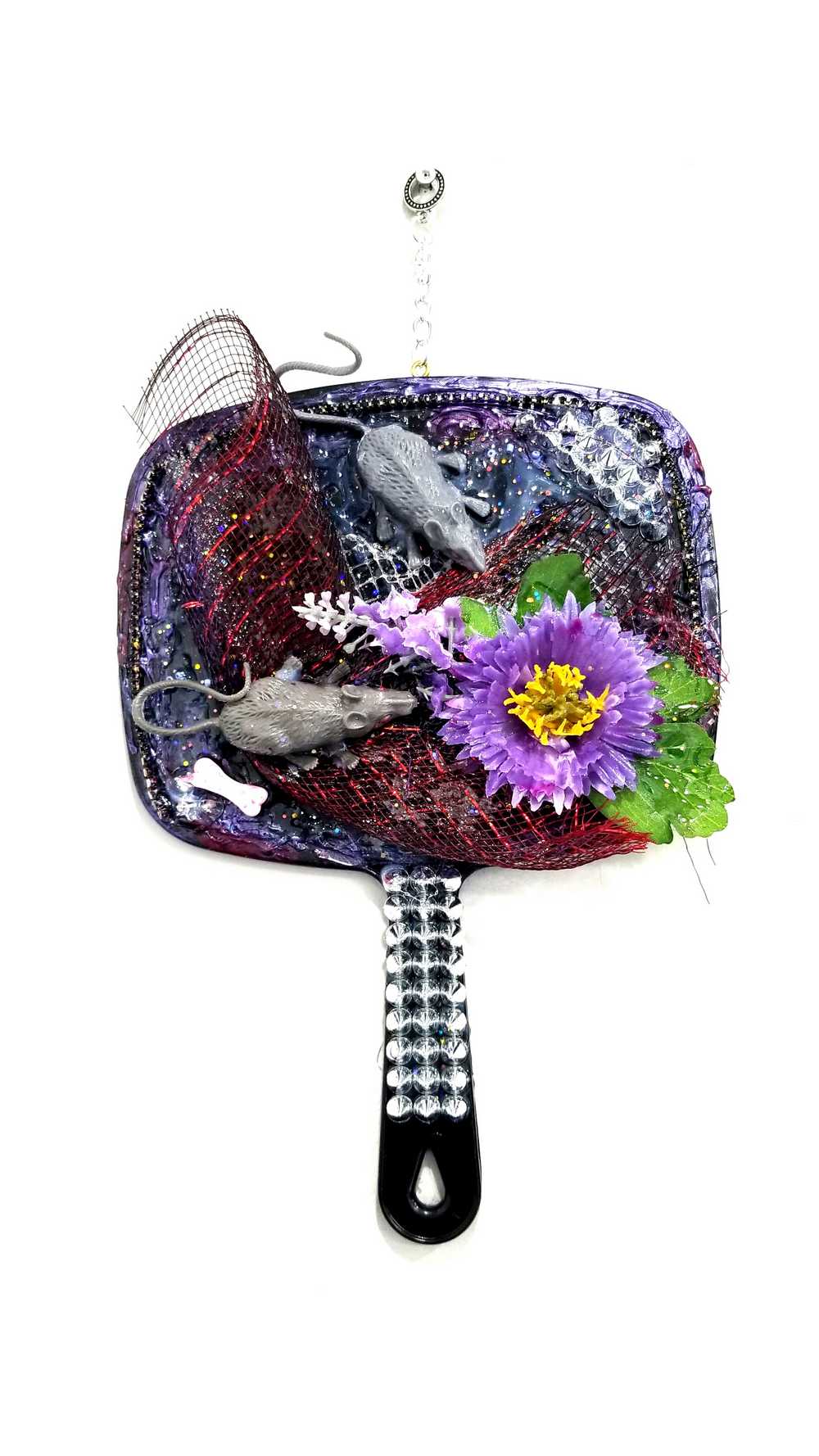 Black Studded Hand Held Mirror with Rats and Purple Flowers. Punk Art