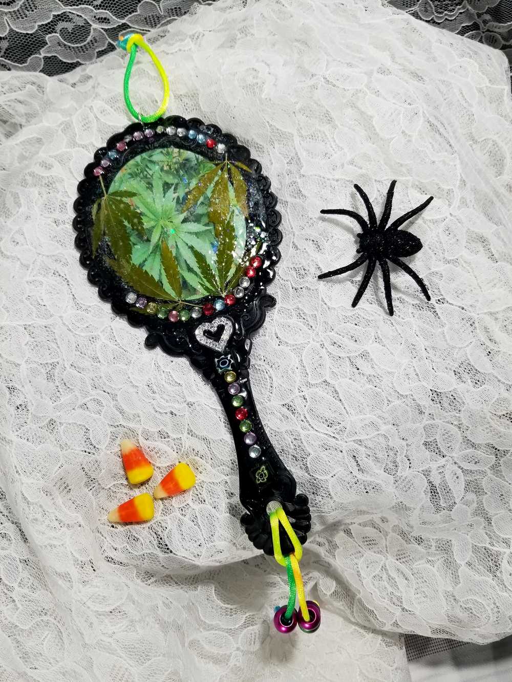 Black Hand Held Mirror with a Heart, Natures Leaves and Gemstones