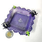 Creepy, Adorable Purple Candle Holder or Candy Dish  with Rhinestone Studded Black Spiders and Green Crosses