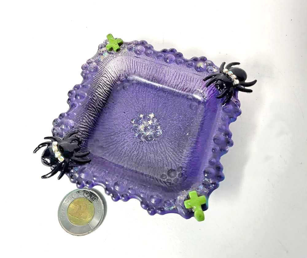 Creepy, Adorable Purple Candle Holder or Candy Dish  with Rhinestone Studded Black Spiders and Green Crosses