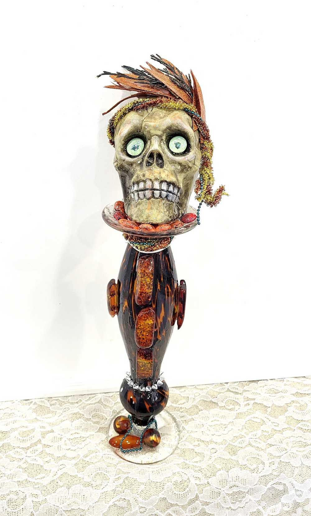 Ellegant Tiger Glass Skull with Silver Studs and Large Amber Beads