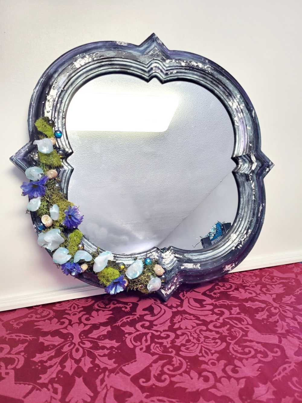 Black Hand Painted Unique Shaped Wall Mirror with Handmade Mushroom Colored Lights, 3 Settings