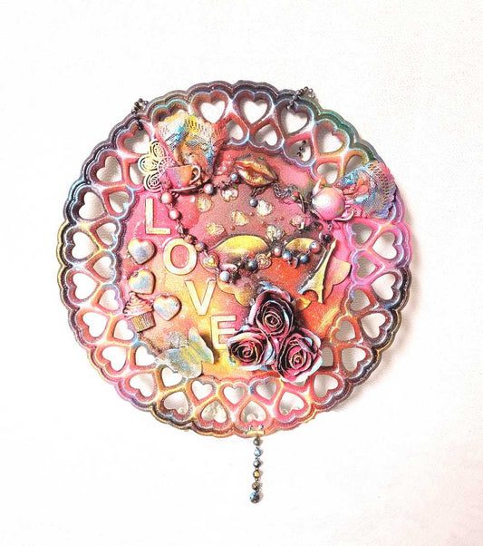 "Love Paris" Wall Decor, Hearts Cut Out Of Round Board With Roses, Eiffel Tower, Cupcakes & Hearts