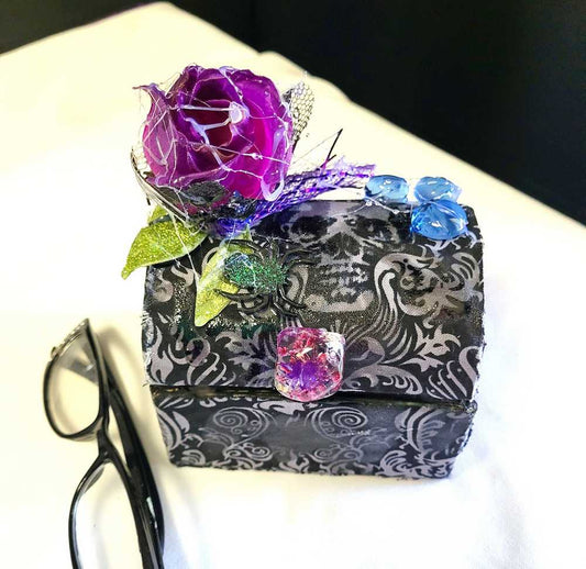 Hump Back Jewelry, Stash, Trinket Box, Covered with Black Skull Fabric, a Purple Rose, Blue Glass Cabochons, Spider,