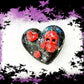 Black Porcelain Heart Shaped Brooch with Red Skull and Heart Charms