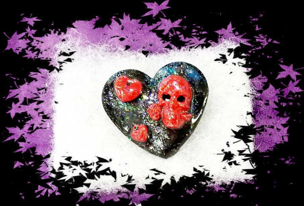 Black Porcelain Heart Shaped Brooch with Red Skull and Heart Charms