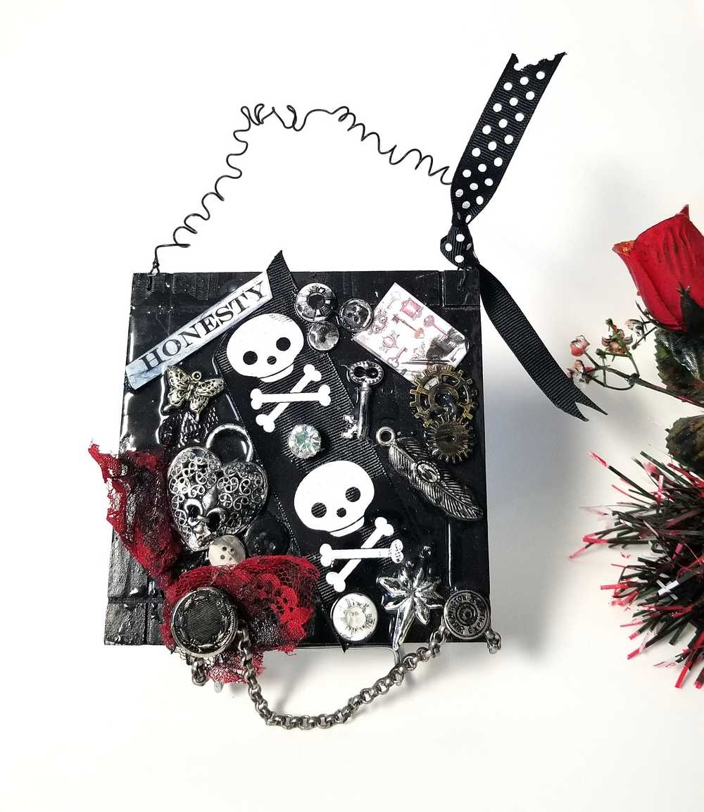 Black Wall Plaque with Skull & Bones Ribbon, Honesty Sign, Recycle Jewelry, Keys & Gears, Punk Goth Sign