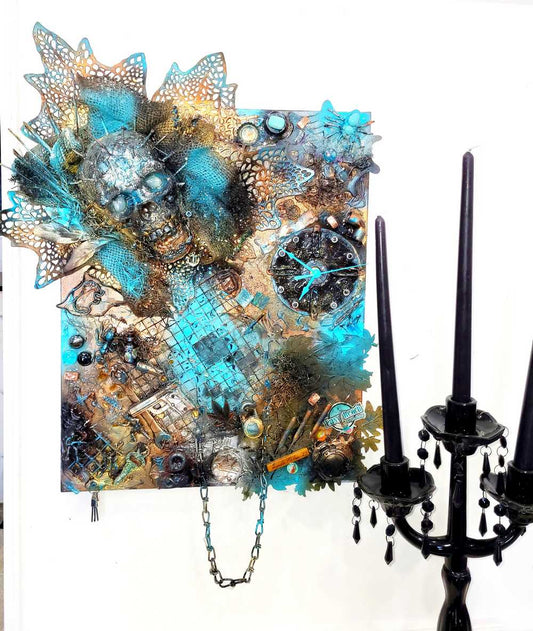 Creepy Skull  Clock on 16 x 20 inch Canvas, with Chains, Nuts, Bolts, Teal Blue