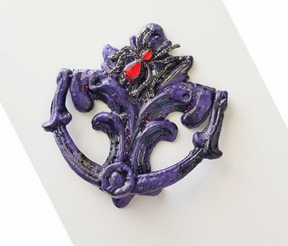 Antique Heavy Metal Door Knocker Painted Deep Purple with Red Studded Gemstone Spider