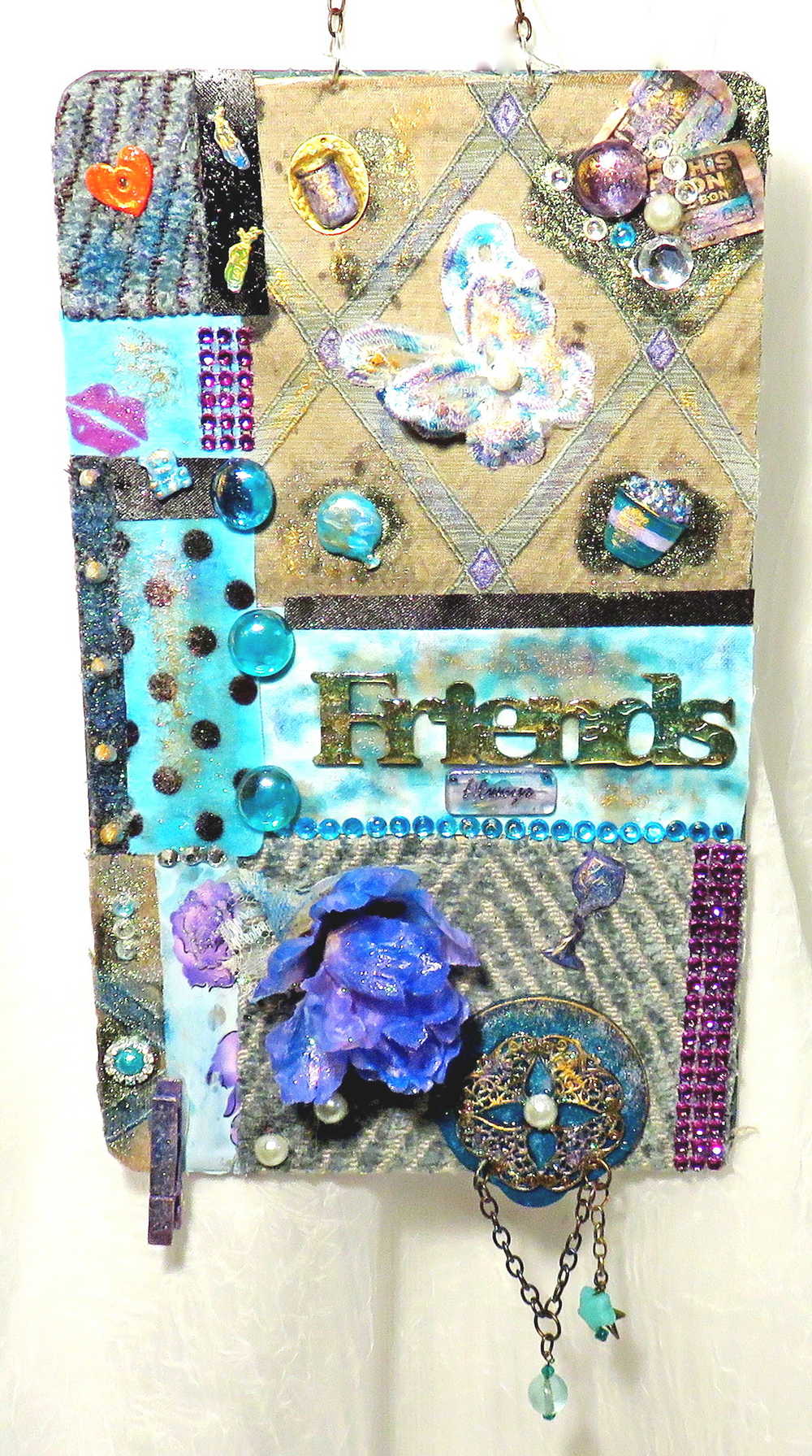 "Friend's" Wall Hanging Collage Using Fabrics In Blues, Purples and Teals, and Holds your "BEST FRIENDS" Photo