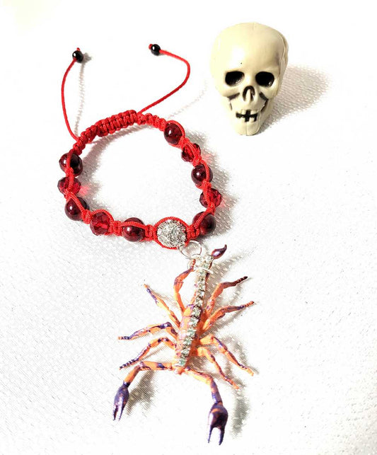 Orange Rhinestone Encrusted Scorpion Braided Bracelet for Halloween, Punk, Goth or Everyday.