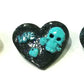 Black Porcelain Heart Shaped Brooch with a Teal Skull, Love and a Heart Charm