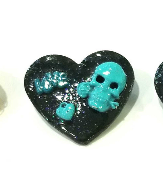 Black Porcelain Heart Shaped Brooch with a Teal Skull, Love and a Heart Charm