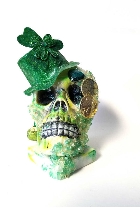 Handmade Resin St. Patrick's Day Skull with Top Hat, Shamrock, Bell & Gold Coins on a Marble Base