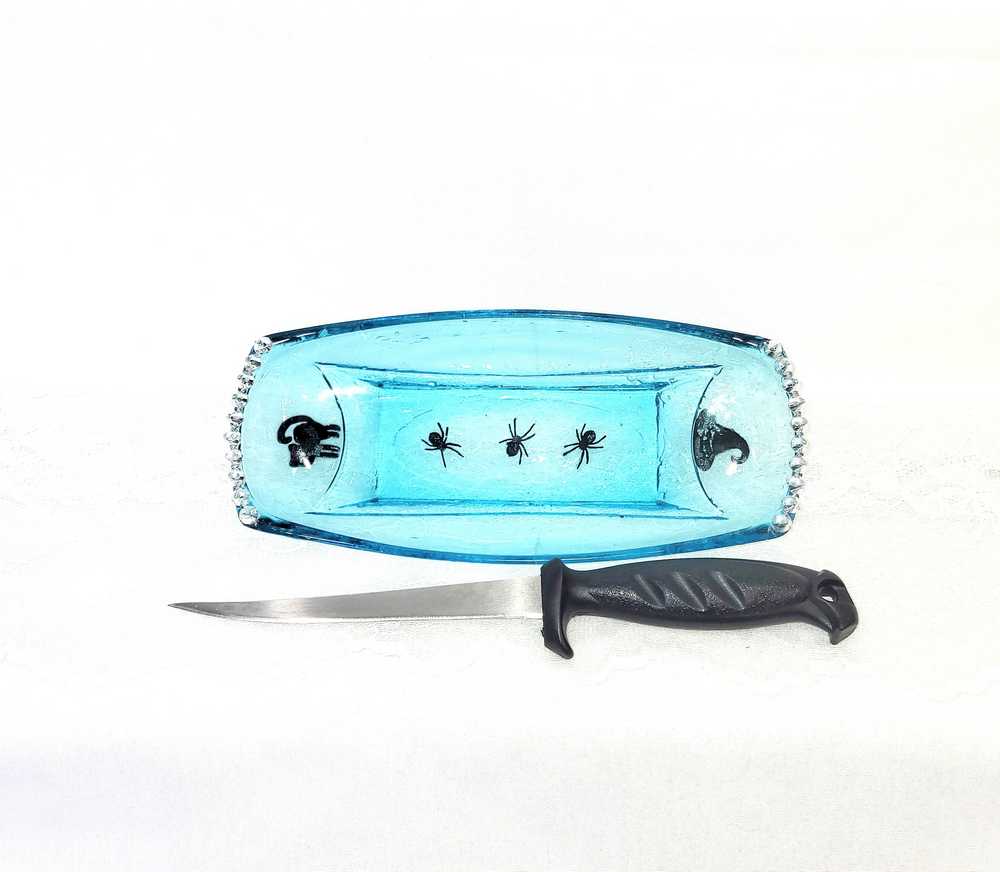 Long Teal Altered Glass Candy Dish with Silver Studs, a Black Cat and a Witch Hat