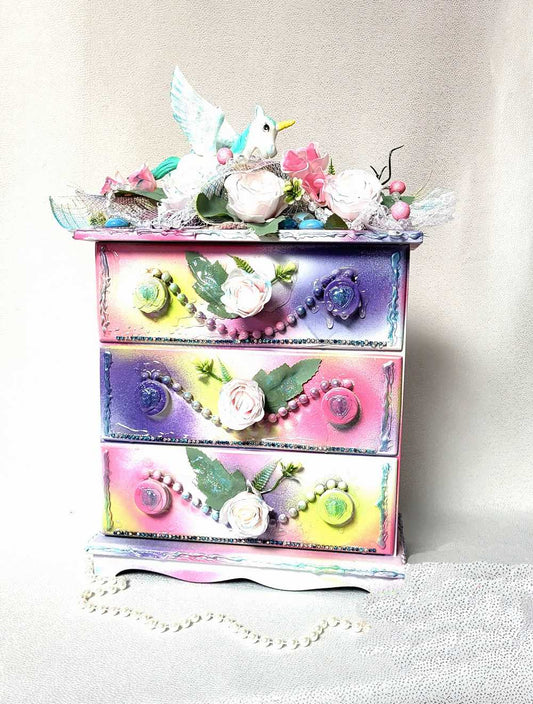 Girls, Ladies Jewelry Box with Pink Roses, a Unicorn, Glittery Lace and Glass Cabochons