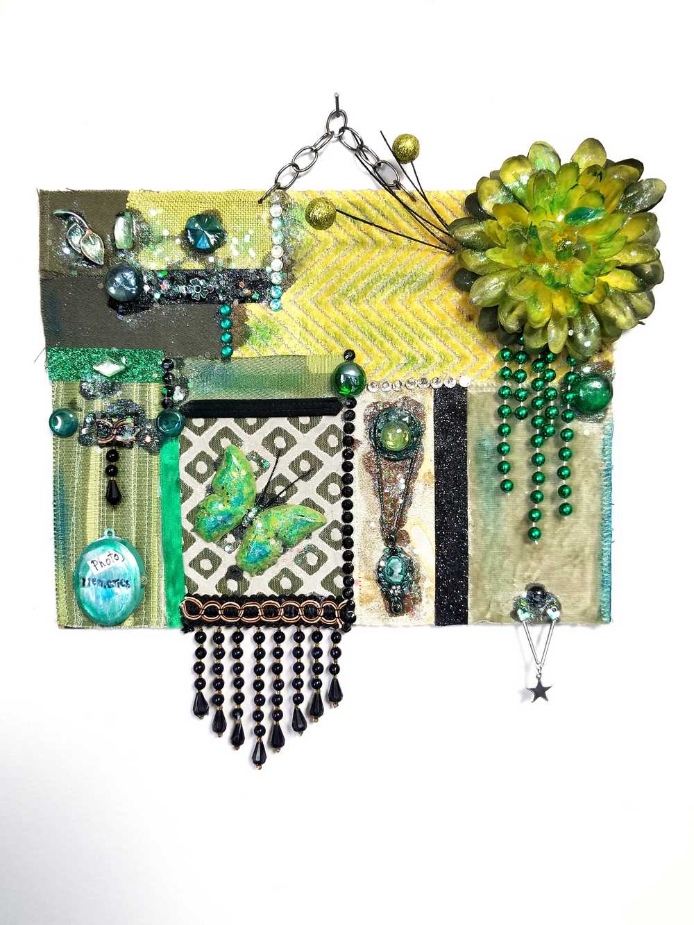 Decorative Collage of Green Fabrics, Recycled Jewelry, Flowers & Mini Picture Frame, Wall Art, Wall Hanging