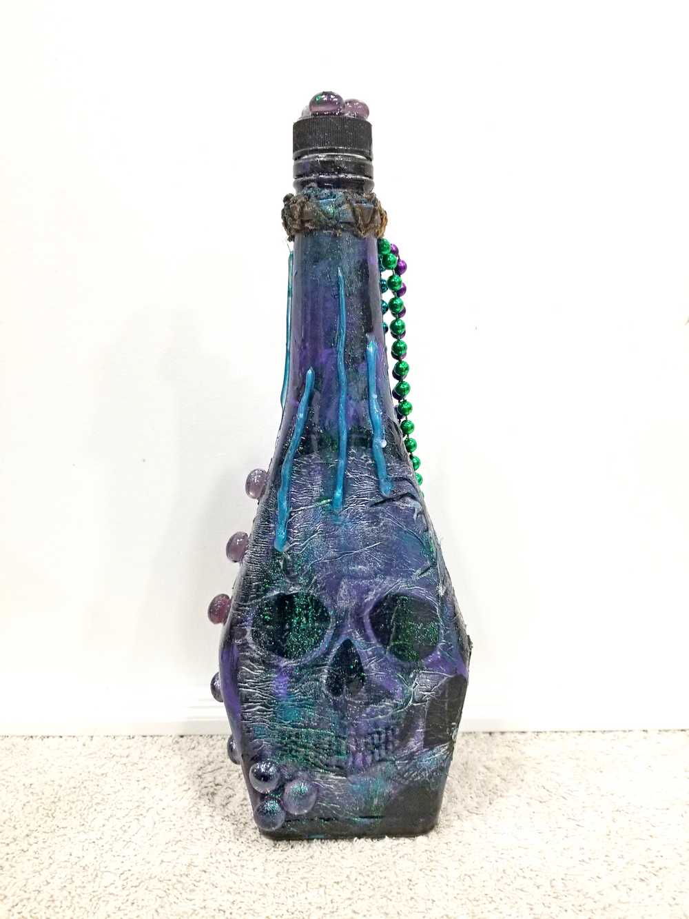 Altered Refillable Glass Bottle, Decoupage Skull Art with Multi Beads and Glass Gems