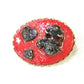 Stunning Red Porcelain Oval Brooch with Hand Painted Black Skull and Hearts