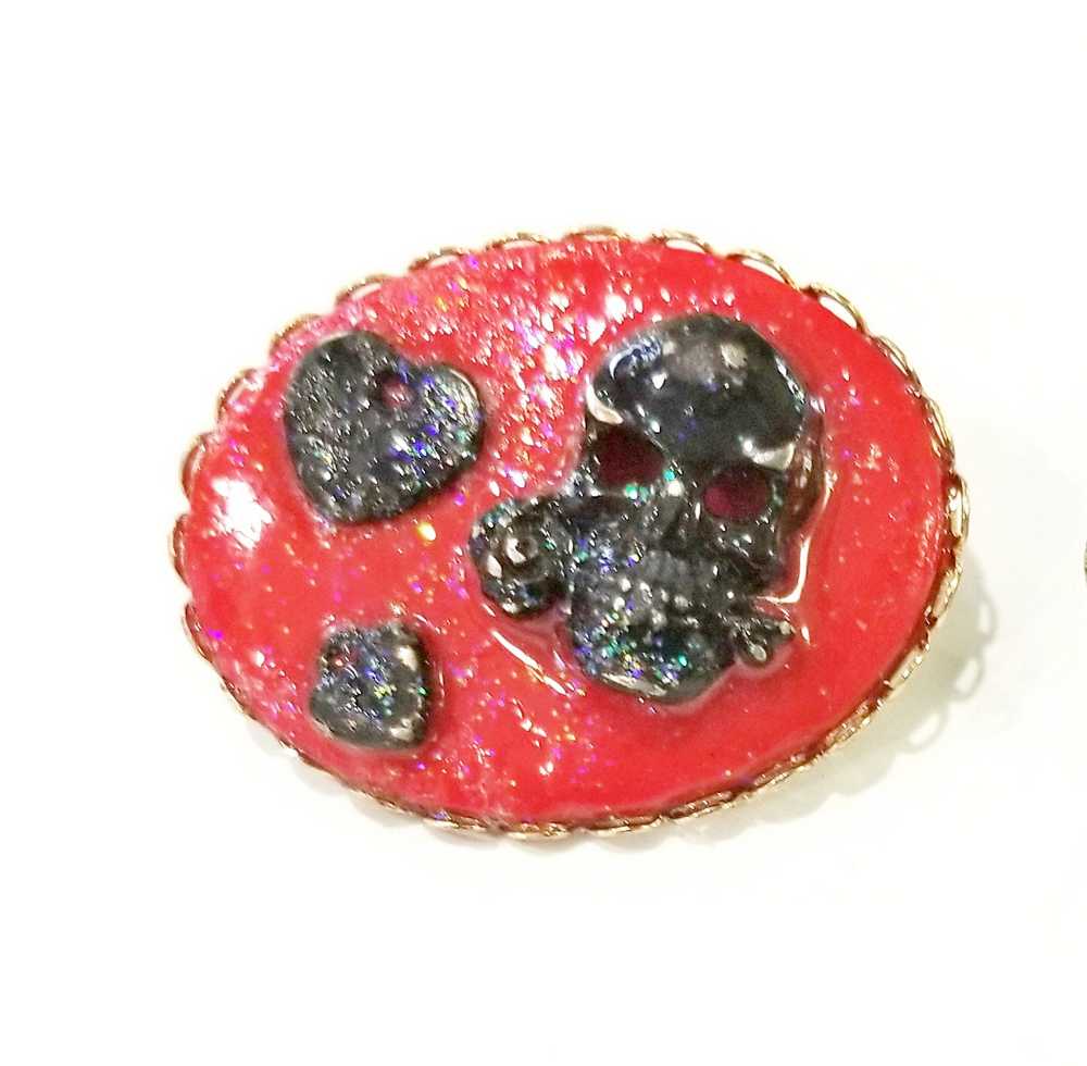 Stunning Red Porcelain Oval Brooch with Hand Painted Black Skull and Hearts