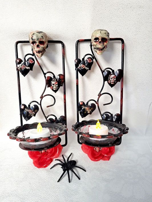 Wall Mounted Battery Candle Holder with Skulls & Red Roses, Glass Bowls Holds Two Battery Candles