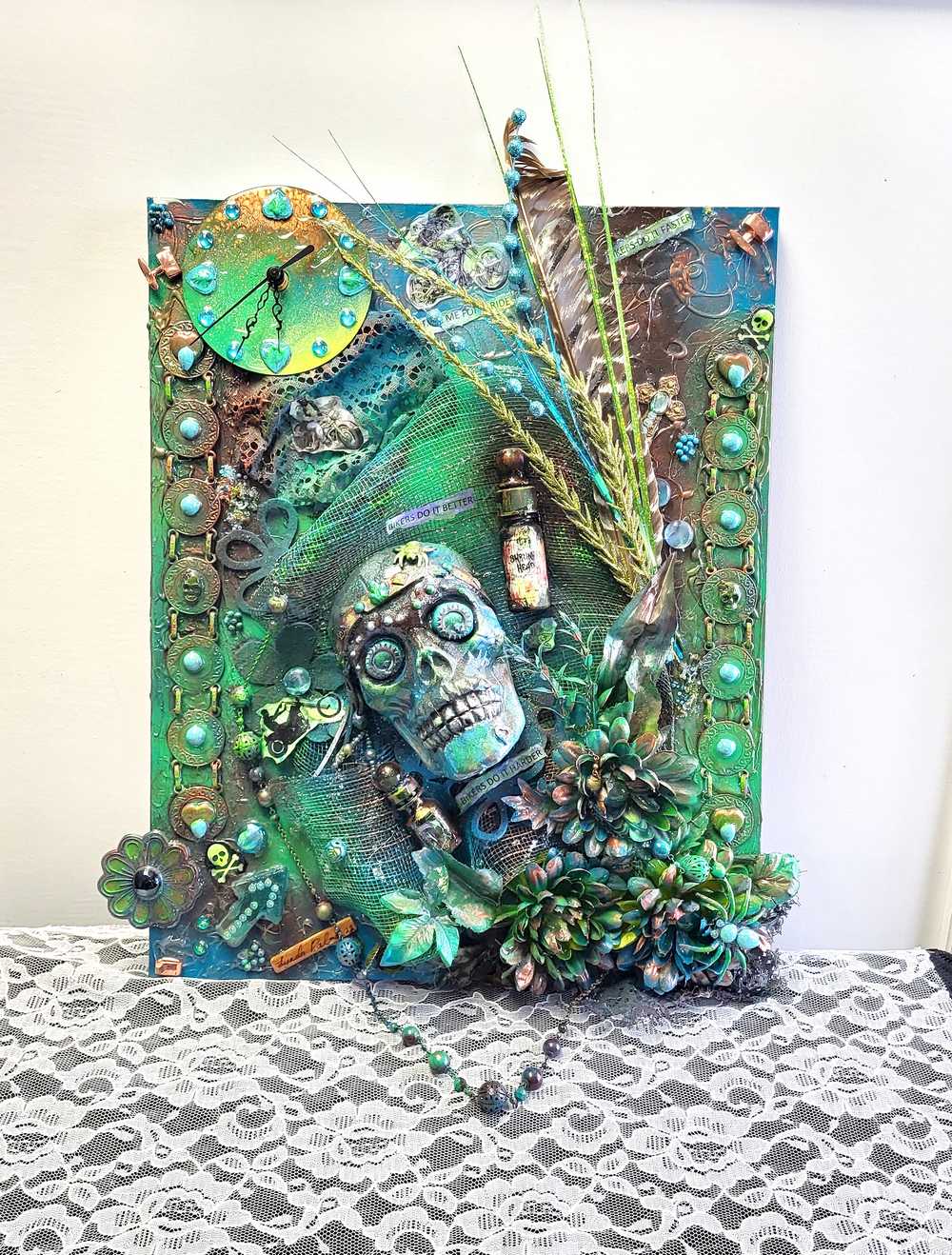 Clock, Voodoo Skull Witch Doctor on 16x20 inch Canvas with Turquoise Beads and Motorcycles